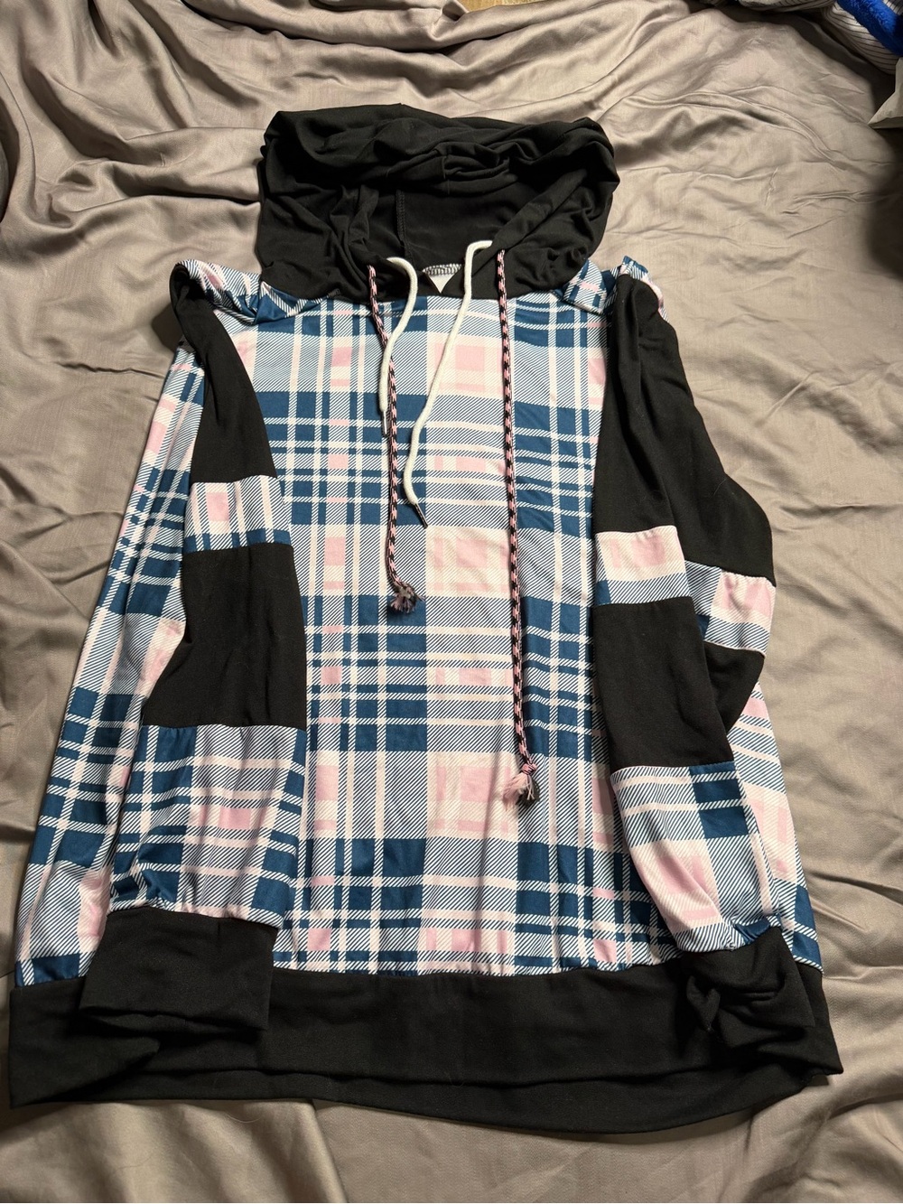 SHEIN Blue, Pink & Black Plaid Drawstring Hoodie